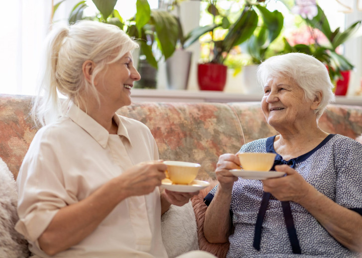 Woman spending time with her elderly mother at home having a cup of tea